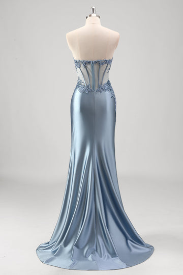 Grigio blu sirena perline senza spalline metallico Abito da Cerimonia con fessura